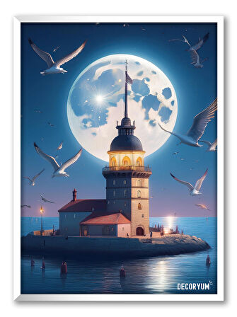 Kız Kulesi ve Martılar Çerçeveli Tablo Beyaz