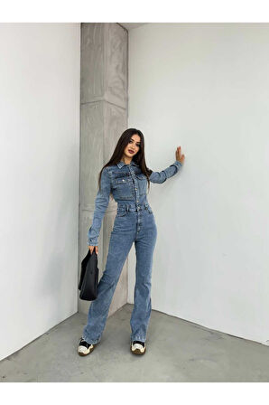 Kadın Mavi Ispanyol Paça Ceketli Denim Tulum
