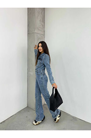Kadın Mavi Ispanyol Paça Ceketli Denim Tulum