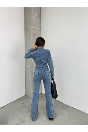 Kadın Mavi Ispanyol Paça Ceketli Denim Tulum