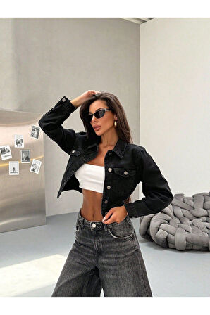 KADIN SİYAH KISA BOYFRİEND KOT CEKET