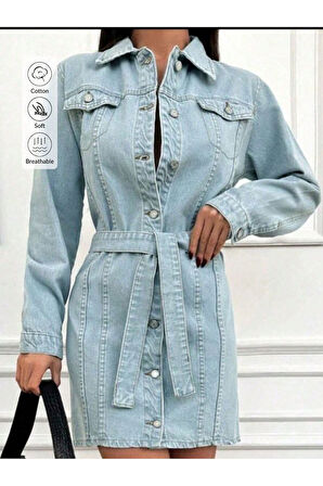 KADIN BUZ MAVİ KUŞAKLI KOT ELBİSE