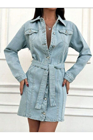 KADIN BUZ MAVİ KUŞAKLI KOT ELBİSE