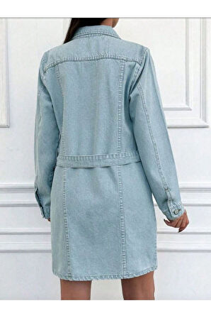 KADIN BUZ MAVİ KUŞAKLI KOT ELBİSE