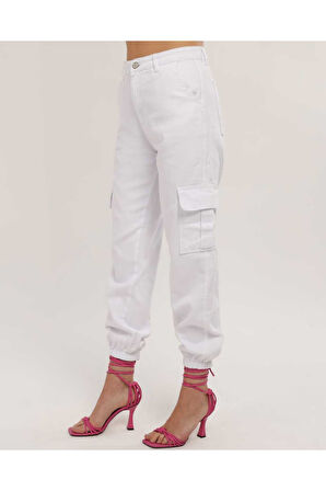 KADIN KAHVE PAÇA LASTİKLİ  KETEN KARGO PANTOLON