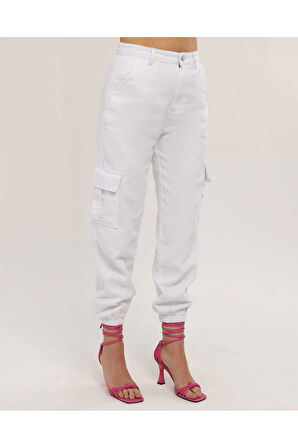 KADIN KAHVE PAÇA LASTİKLİ  KETEN KARGO PANTOLON