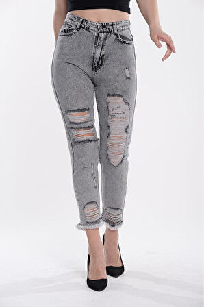 KADIN BACAK LAZER YIRTIK KAR SİYAH MOM JEANS