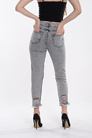KADIN BACAK LAZER YIRTIK KAR SİYAH MOM JEANS