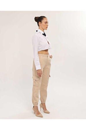 KADIN KAHVE PAÇA LASTİKLİ  KETEN KARGO PANTOLON