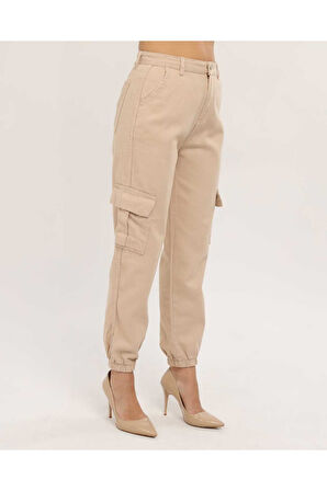 KADIN KAHVE PAÇA LASTİKLİ  KETEN KARGO PANTOLON