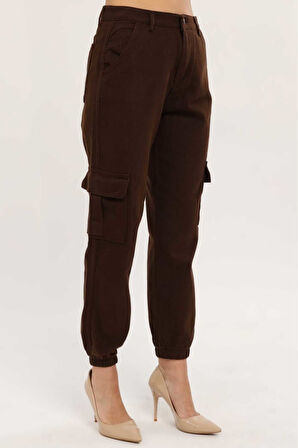 KADIN KAHVE PAÇA LASTİKLİ  KETEN KARGO PANTOLON