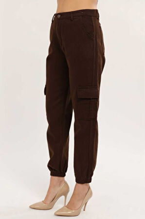 KADIN KAHVE PAÇA LASTİKLİ  KETEN KARGO PANTOLON