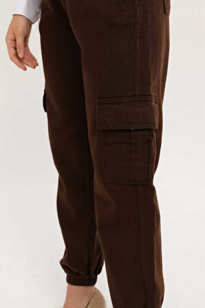 KADIN KAHVE PAÇA LASTİKLİ  KETEN KARGO PANTOLON