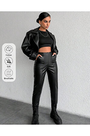 KADIN SİYAH DAR PAÇA DERİ PANTOLON