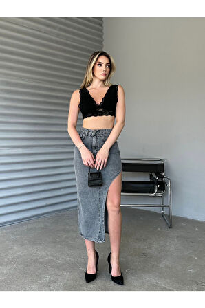 KADIN SİYAH UZUN ÖN PARÇALI  ASİMETRİK KOT ETEK