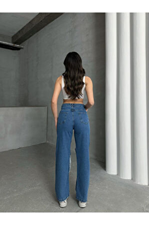 KADIN FÜME ÇİFT DİZ LAZER YIRTIK YÜKSEK BEL BOL PAÇA JEANS PANTOLON