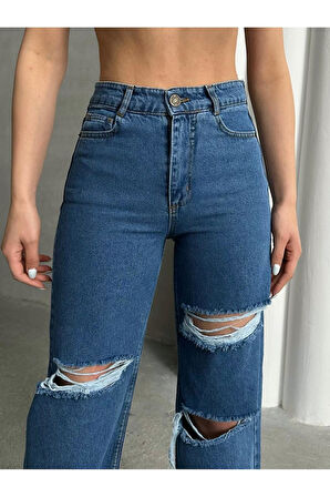 KADIN FÜME ÇİFT DİZ LAZER YIRTIK YÜKSEK BEL BOL PAÇA JEANS PANTOLON