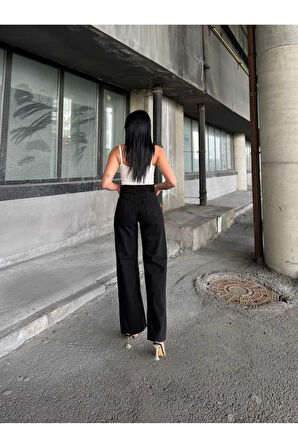 KADIN FÜME ÇİFT DİZ LAZER YIRTIK YÜKSEK BEL BOL PAÇA JEANS PANTOLON