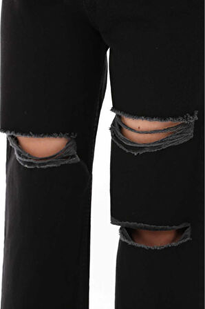KADIN FÜME ÇİFT DİZ LAZER YIRTIK YÜKSEK BEL BOL PAÇA JEANS PANTOLON