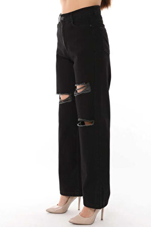 KADIN FÜME ÇİFT DİZ LAZER YIRTIK YÜKSEK BEL BOL PAÇA JEANS PANTOLON