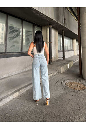 KADIN FÜME ÇİFT DİZ LAZER YIRTIK YÜKSEK BEL BOL PAÇA JEANS PANTOLON