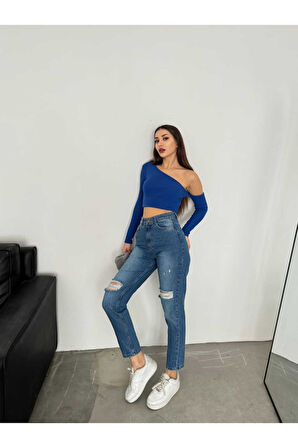 KADIN LACİVERT ÇİFT DİZ LAZER YIRTIK YÜKSEK BOYFRİEND MOM JEANS PANTOLON