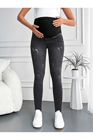 KADIN FÜME HAMİLE ESNEK  KARIN BANTLI TIRNAKLI DAR PAÇA  JEANS PANTOLON