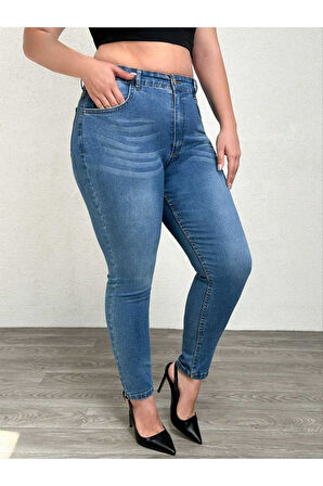 KADIN LACİVERT  İŞLEMLİ  YÜKSEK BEL BATTAL DAR PAÇA JEANS PANTOLON