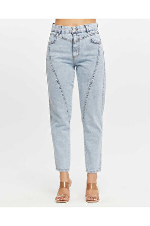 Kadın Açık Mavi Ön Conta Parcalı Mom Jeans Pantolon