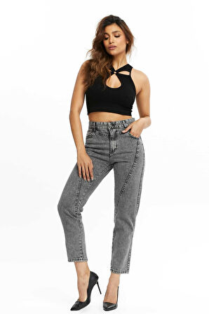 Kadın  Ön Conta Parcalı Mom Jeans Pantolon