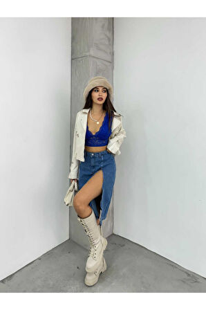 KADIN SİYAH ÖN  FERMUAR  DETAYLI  KOT ETEK