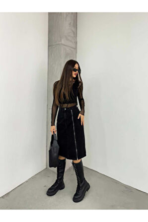 KADIN SİYAH ÖN  FERMUAR  DETAYLI  KOT ETEK