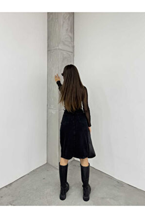 KADIN SİYAH ÖN  FERMUAR  DETAYLI  KOT ETEK