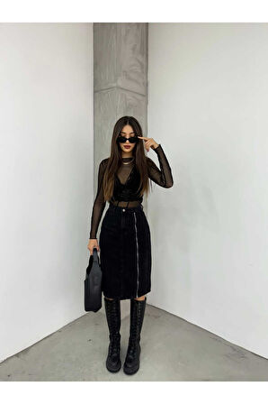 KADIN SİYAH ÖN  FERMUAR  DETAYLI  KOT ETEK