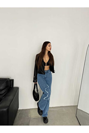 KADIN FÜME BACAK YILDIZLI BOL PAÇA KOT JEANS PANTOLON
