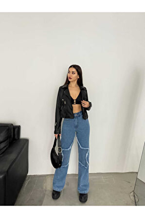 KADIN FÜME BACAK YILDIZLI BOL PAÇA KOT JEANS PANTOLON