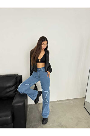 KADIN FÜME BACAK YILDIZLI BOL PAÇA KOT JEANS PANTOLON