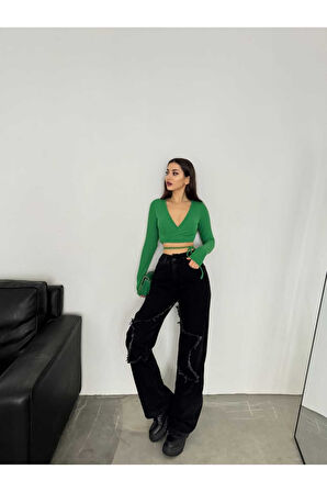 KADIN FÜME BACAK YILDIZLI BOL PAÇA KOT JEANS PANTOLON