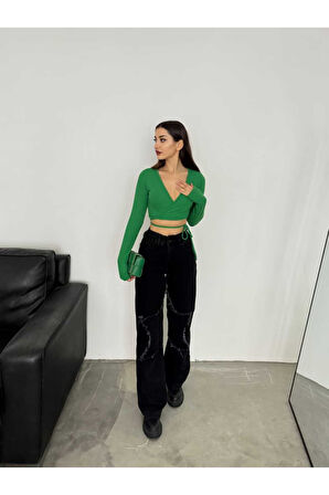 KADIN FÜME BACAK YILDIZLI BOL PAÇA KOT JEANS PANTOLON