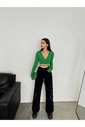 KADIN FÜME BACAK YILDIZLI BOL PAÇA KOT JEANS PANTOLON