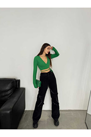 KADIN FÜME BACAK YILDIZLI BOL PAÇA KOT JEANS PANTOLON