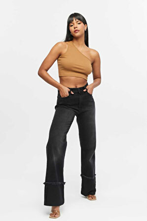 KADIN  SİYAH İŞLEMLİ TERS PAÇA PÜSKÜL  BOL PAÇA KOT  JEANS PANTOLON