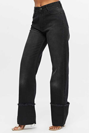 KADIN  SİYAH İŞLEMLİ TERS PAÇA PÜSKÜL  BOL PAÇA KOT  JEANS PANTOLON