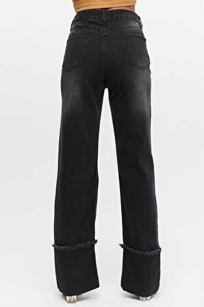 KADIN  SİYAH İŞLEMLİ TERS PAÇA PÜSKÜL  BOL PAÇA KOT  JEANS PANTOLON