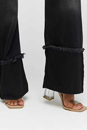 KADIN  SİYAH İŞLEMLİ TERS PAÇA PÜSKÜL  BOL PAÇA KOT  JEANS PANTOLON