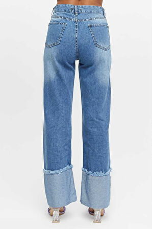 KADIN  SİYAH İŞLEMLİ TERS PAÇA PÜSKÜL  BOL PAÇA KOT  JEANS PANTOLON