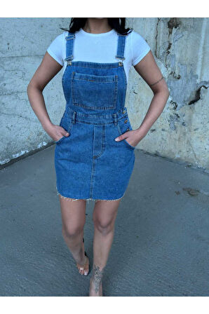 KADIN  MAVİ UCU KESİK KANGURU CEP ETEKLİ BAHÇIVAN KOT TULUM