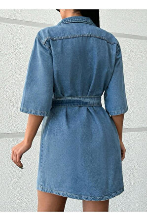 KADIN AÇIK MAVİ KUŞAKLI TEK CEP KISA KOT ELBİSE