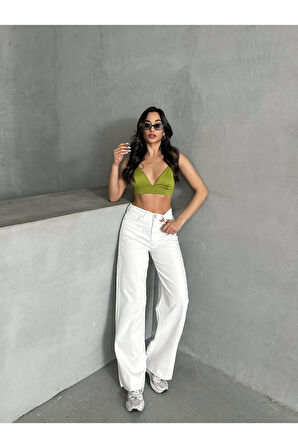KADIN BEYAZ YÜKSEK BEL PAÇA KESİK BOL PAÇA JEANS PANTOLON