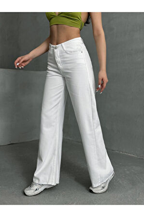 KADIN BEYAZ YÜKSEK BEL PAÇA KESİK BOL PAÇA JEANS PANTOLON
